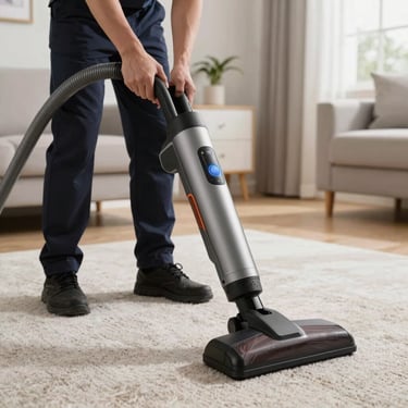 A specialized water extraction vacuum tool being used by a professional on a carpeted floor in a modern North American home.