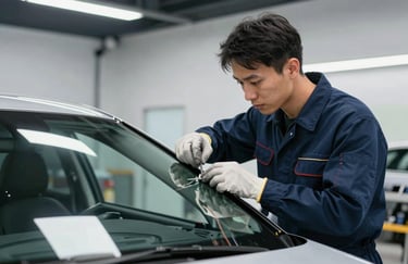 A technician wearing a professional navy blue uniform and protective gloves carefully inspecting the edge of a new windshield. The background shows a modern North American garage setting with bright, efficient lighting.