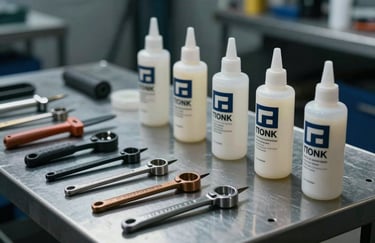 A close-up of professional auto glass replacement tools and high-grade adhesive containers arranged neatly on a metallic workbench. The lighting is cool and professional, featuring off-white and dark blue tones.
