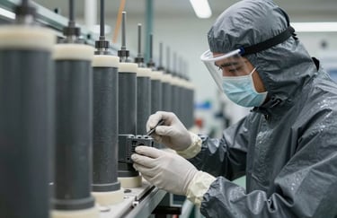 A close-up of a professional in protective gear inspecting a mold in a Middle Eastern / Turkish manufacturing plant. The lighting is clean and focused, emphasizing the dark slate grey and off-white color scheme of the factory.
