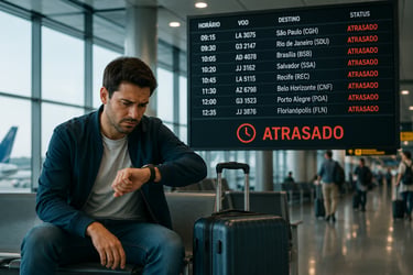 Passageiro no aeroporto olhando relógio com painel de voos mostrando atrasos e cancelamentos