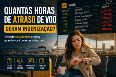 Jovem passageira no aeroporto aguardando voo com painel indicando atraso de embarque