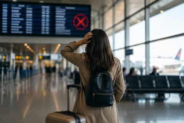 passageira com a mao na cabeça preoucupada olhando para painel  de horarios de voos cancelados