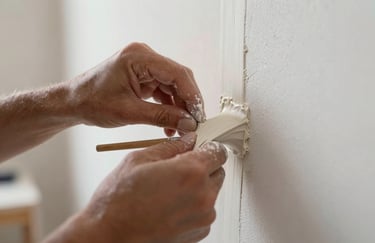 Extreme close-up of a professional artisan's hands applying smooth finishing plaster to a joint in a bright apartment in Madrid.