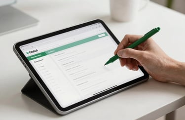 A professional designer working on a clean digital interface on a tablet, forest green stylus, minimal and bright office setting, Global / English-speaking.