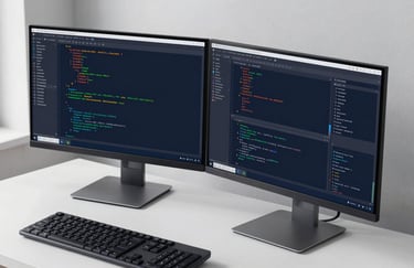 A close-up of a high-end workstation with dual monitors showing code and system architecture, clean white desk, dark navy blue accents, soft morning light.