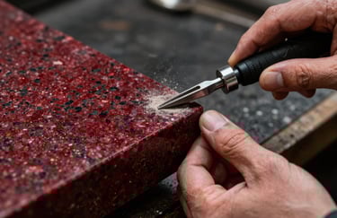 A macro shot of a craftsman's hands using a professional tool to polish the edge of a ruby red and black granite slab, dust particles catching the light.