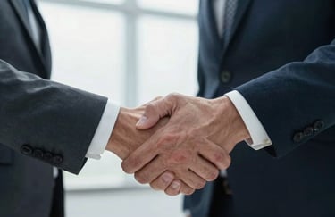 A close-up of a firm, professional handshake between two business partners in a sleek North American corporate setting. High-end professional attire and natural, bright lighting.
