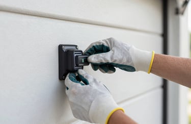 A technician's hands wearing professional work gloves, carefully adjusting the sensors of an automatic garage door opener. Clean, modern aesthetic with sharp focus and bright, natural lighting.