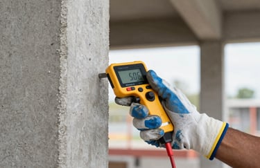 An engineer's hand in a safety glove holding a digital measuring tool against a concrete column, showing quality control and technical rigor in a Congolese construction environment.