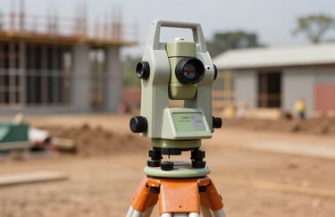 Close-up of professional land surveying equipment (theodolite) positioned on a tripod at a construction site, sharp focus on the metallic instrument with a blurred background of a construction project in Central Africa.