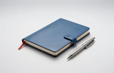 A minimalist studio shot of a sleek steel blue notebook and a silver pen resting on a clean white surface with soft shadows.