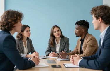 A group of diverse people in business casual attire having an engaging discussion in a bright, sky blue conference room.