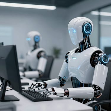 White humanoid AI robot typing on a keyboard at a desk in a modern office.