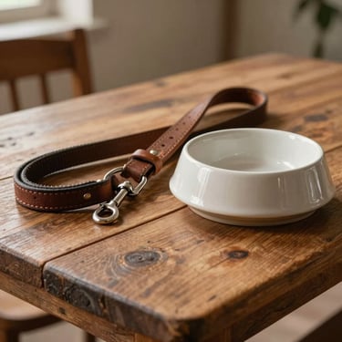 A professional dog walking kit including a leather leash and a ceramic bowl on a rustic wooden table in an Italian cottage, soft natural lighting.
