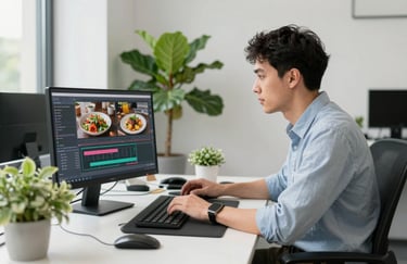 A social media manager in a North American / US office setting editing food videos. The workspace is bright with matte forest green plants and crisp parchment walls.