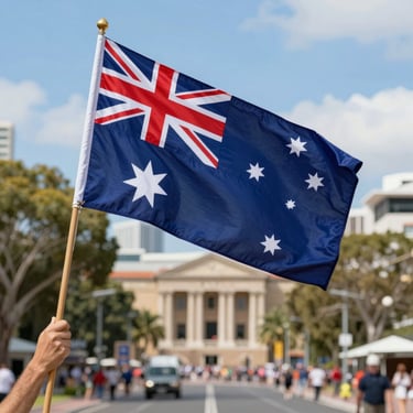 A warm, inviting photo of Our Lady's Church decorated with Australian flags for the celebration.