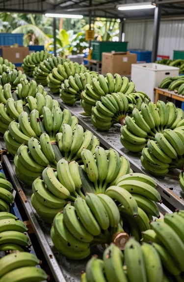 A wide shot of a modern packing facility in a tropical region where green bananas are being prepared for global export.