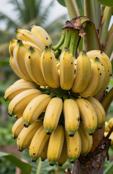 A close-up of premium, unblemished yellow bananas recently harvested in a tropical Latin American field, bright natural lighting.
