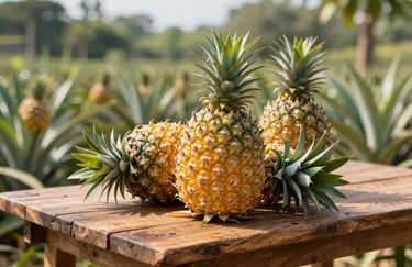 Golden pineapples with sharp green leaves arranged on a rustic wooden table in a sun-drenched plantation setting.