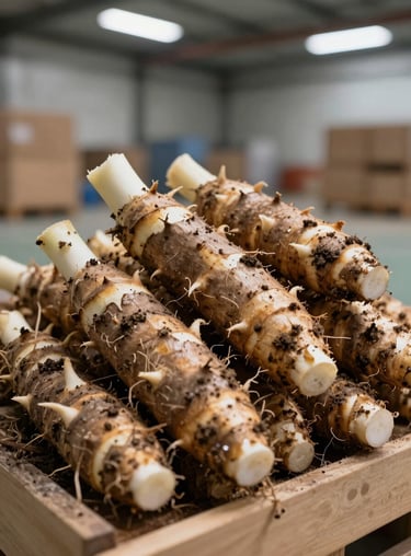 Freshly harvested yucca roots with earthy textures displayed in a clean, professional agricultural export warehouse.
