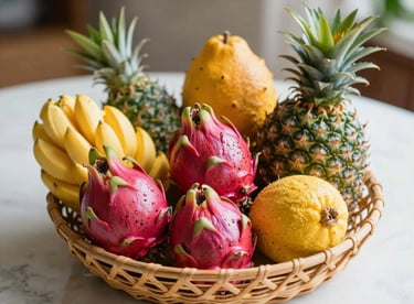 Colorful array of exotic tropical fruits including pitahaya and pineapple in a decorative basket, bright and fresh atmosphere.
