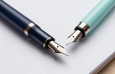 A macro shot of a fountain pen on a luxury paper surface in a professional office environment, using deep navy and light mint colors.