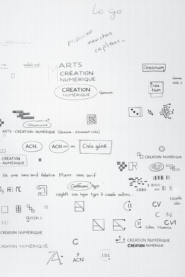 Hand-drawn digital art logo sketches and typography brainstorming on graph paper with French text.