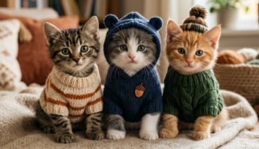 Tres hermosos gatitos vistiendo ropa invernal