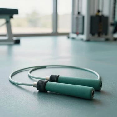 High-quality shot of modern training equipment and a jump rope on a clean gym floor in North America, soft morning light, teal and mint white highlights.