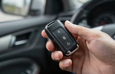 Close-up of a hand holding a modern car key with a sleek leather fob, North American / US setting, bokeh background of a clean car interior.