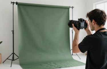 A photographer adjusting a matte forest green backdrop for a food photo shoot in a bright, modern studio.