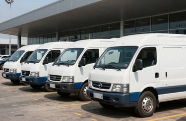 Fleet of professional white and medium blue transport vehicles parked at a modern terminal in Abidjan during broad daylight, clean and organized composition.