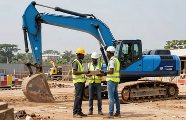 Construction site in Côte d'Ivoire with professional West African engineers in safety gear, modern machinery, bright daylight, medium blue and dark navy blue equipment accents.