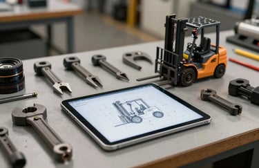 A group of technical tools and a digital tablet showing a forklift blueprint on a clean workbench, soft industrial lighting, professional setup in a Brazilian workshop.