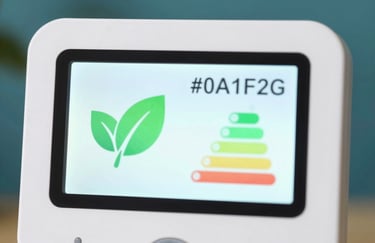 Macro shot of a smart energy monitor showing a green leaf icon and rising efficiency graphs. The display is bright and clear, set against a blurred background of teal shades #0A1F26.