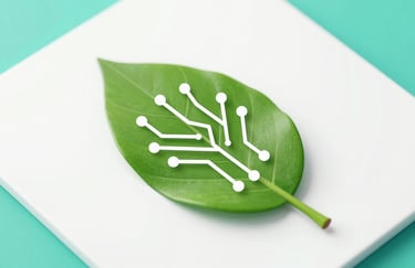 A symbolic image of a green leaf containing a digital circuit pattern, placed on a clean white surface with teal accents #2D6F7C. Soft, natural lighting creates a trustworthy and innovative atmosphere.