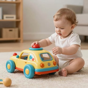 A colorful display of educational toys including puzzles, STEM kits, and brain games arranged on a wooden table.