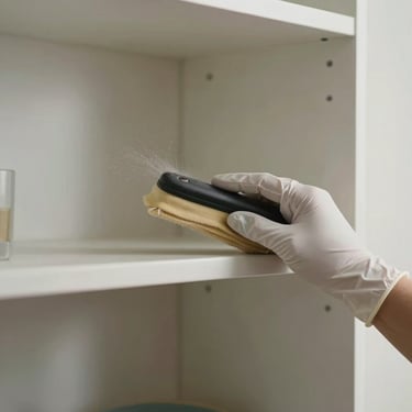 A close-up of a hand wearing a white protective glove carefully dusting a minimalist modern shelving unit in a North American home. The focus is on the precision of the movement and the dust-free surface. Lighting is soft and natural, emphasizing a sense of efficiency.