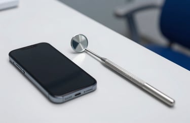 A clean dental mirror next to a modern smartphone on a white desk, symbolizing the intersection of dentistry and technology, professional lighting, dark blue accents.