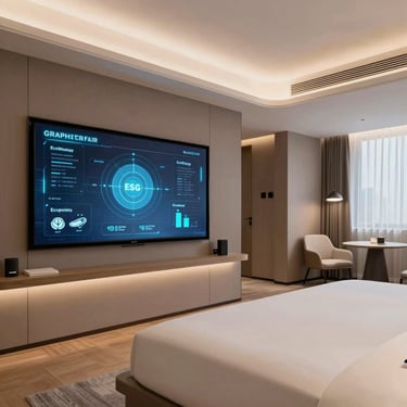 Modern hotel room with smart energy and water monitoring devices subtly installed.