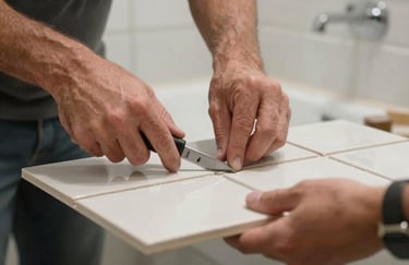 A detailed shot of a craftsman's hands precisely cutting a tile for a bathroom renovation in a North American / US home.
