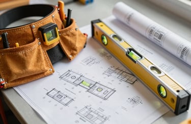 A close-up of a contractor's tool belt and level resting on a set of high-quality North American / US construction blueprints on a clean workbench.