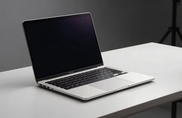 A high-quality studio photograph of a premium laptop sitting on a clean, Cloud White desk, reflecting a professional and results-oriented mood.