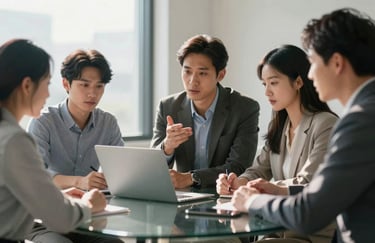 A candid shot of a professional team in business-casual attire collaborating around a glass table in a sunlit office, showcasing reliability and trust.