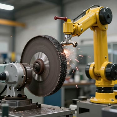 Surface grinder smoothing metal hardware on the production floor.