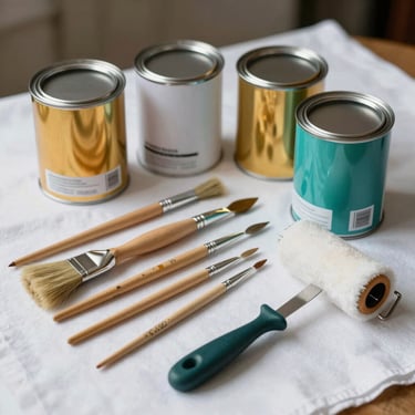 A collection of high-end painting tools including clean brushes, rollers, and premium paint cans in gold and teal colors arranged on a white drop cloth.