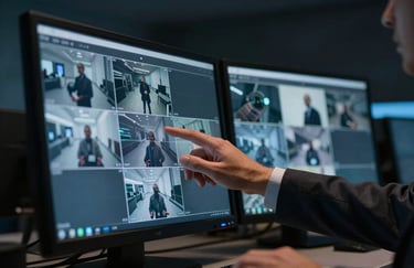 A photography shot of a professional hand in a dark suit adjusting a high-tech security monitor showing camera feeds in a darkened control room. South American context, moody blue and gray tones.