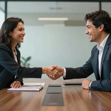 Two Brazilian business professionals in a respectful handshake across a conference table in a modern office.