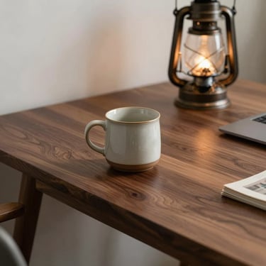 A cozy, modern indoor setting featuring a ceramic mug and a vintage lantern on a desk made of dark mountain walnut wood, North American / US.